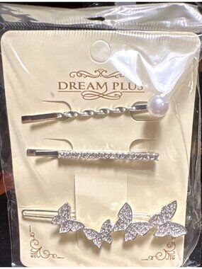 Dream Plus Silver Rhinestone Faux Pearls Butterfly Hair Pins Clips 3pc Fashion